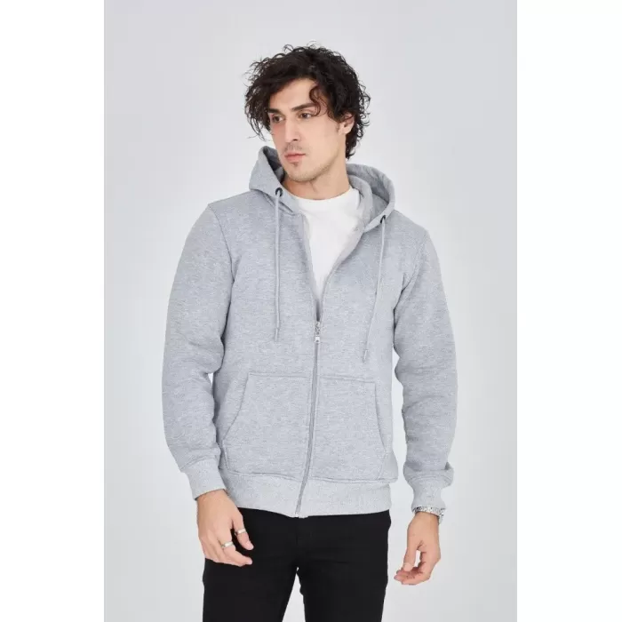 Erkek Kapüşonlu Düz Fermuarlı Hırka - Gri
