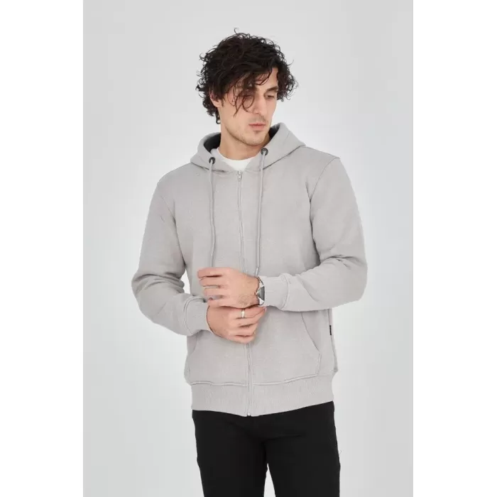 Erkek Kapüşonlu Düz Fermuarlı Hırka - Boyalı Gri