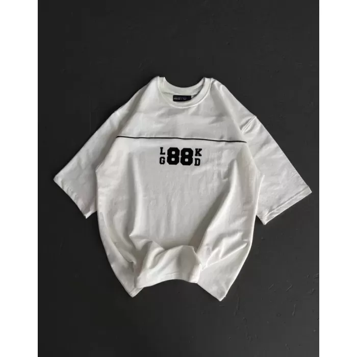 Unisex Bisiklet Yaka Baskılı Oversize T-Shirt - Beyaz