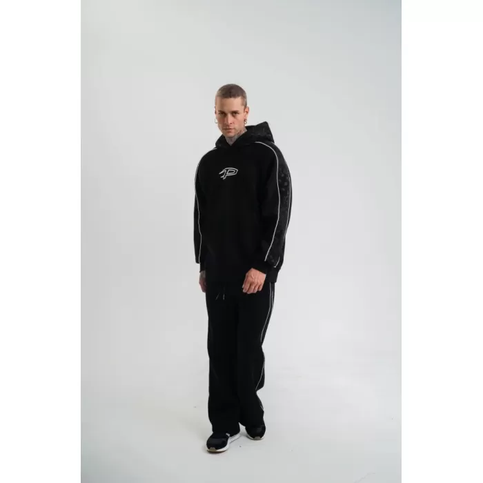 Uzun Kol Kapşonlu Ara Biyeli Baggy Eşofman Takım - Siyah