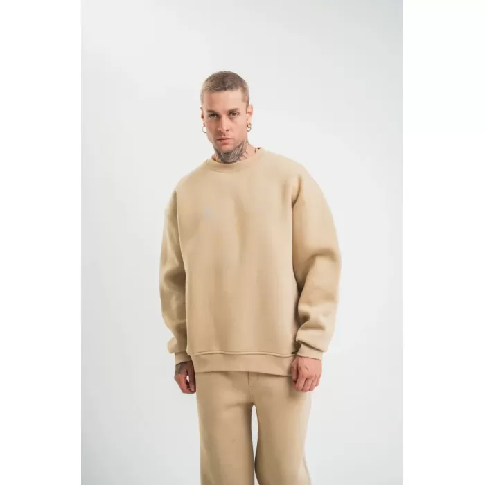 Uzun Kol Bisiklet Yaka Basic SweatShirt - Bej