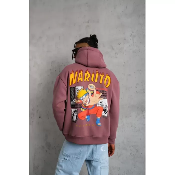 Erkek Baskılı Sweat Kapüşonlu - Gül Kurusu