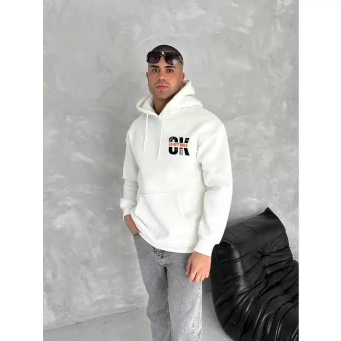 Oversize Üç İplik Kapüşonlu SweatShirt - Beyaz