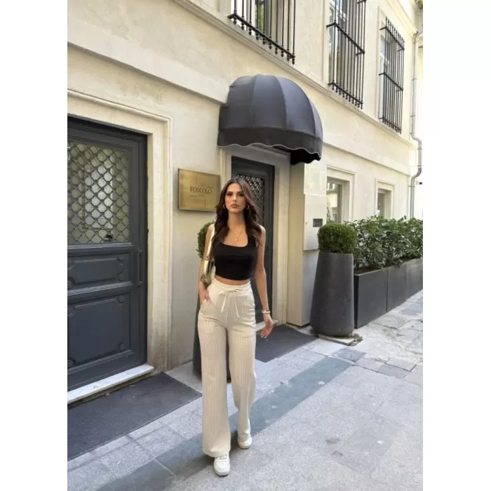 Su Yolu Çizgili Kolay Kombinle Ne Bilir Cepli Pantolon - Bej