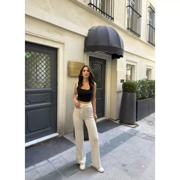 Su Yolu Çizgili Kolay Kombinle Ne Bilir Cepli Pantolon - Bej