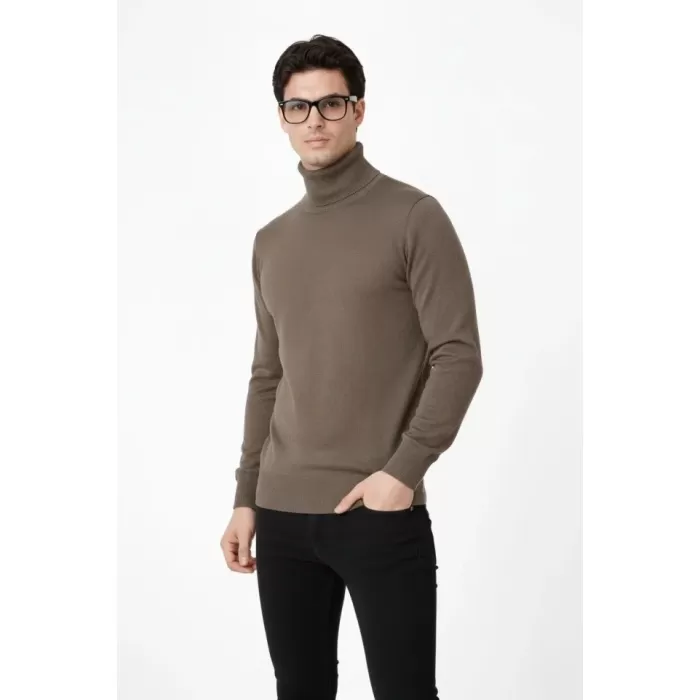 Tam Boğazlı Balıkcı Yaka Triko Kazak Yumuşak Dokulu Pamuklu Ince Dokuma, Uzun Kollu Rahat Regular Kalıp - Kahverengi