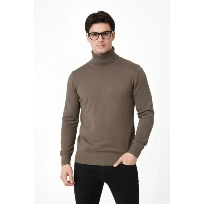 Tam Boğazlı Balıkcı Yaka Triko Kazak Yumuşak Dokulu Pamuklu Ince Dokuma, Uzun Kollu Rahat Regular Kalıp - Kahverengi