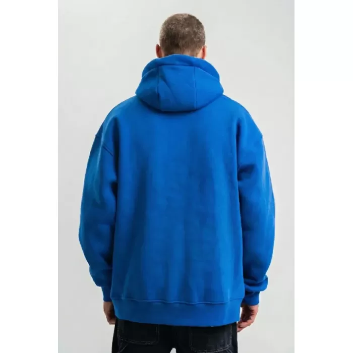 Erkek Saks Mavi Double Oversize 3 İplik Pamuklu Kapüşonlu Kanguru Cepli Sweatshirt Hoodie - Saks Mavi