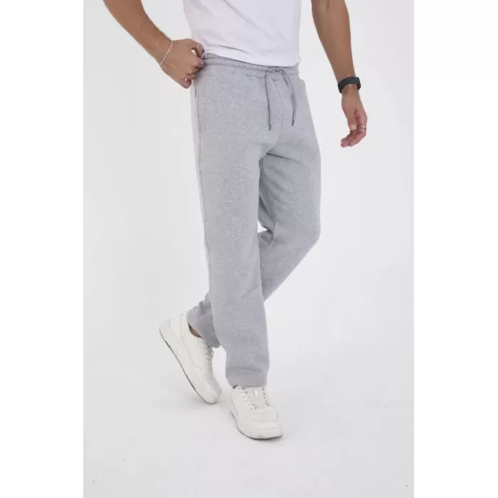 Erkek Üç İplik Basic Eşofman Boru Paça İpli Pantolon - Gri