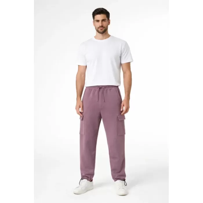 Erkek Baggy Üç İplik Kargo Cepli Eşofman Ayarlanabilir Paça Beli İpli Pantolon - Gül Kurusu