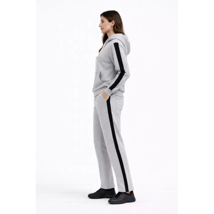 KADIN Yandan Şeritli Eşofman Takım Kapüşonlu Sweatshirt Boru Paça Alt, Oversize 3 Iplik Pamuklu - Gri