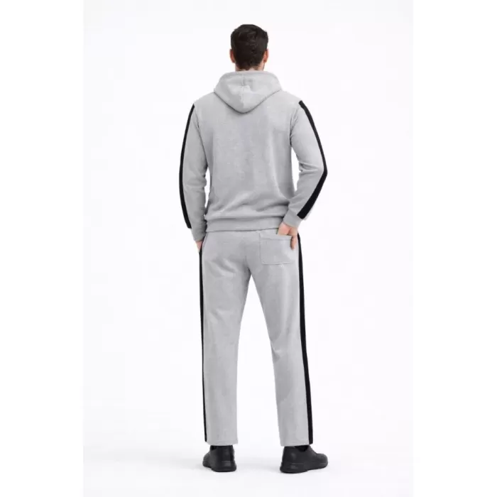 Erkek Şeritli Eşofman Takım Kapüşonlu Sweatshirt Boru Paça Alt, Oversize 3 Iplik Pamuklu - Gri