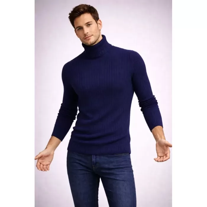 Erkek Balıkcı Yaka Bağazlı Triko Kazak Pamuklu Kalın Fitilli Dokuma, Regular Fit Uzun Kollu Kışlık Model - Lacivert
