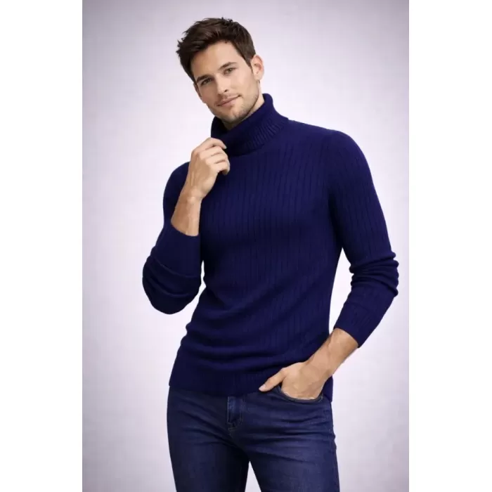 Erkek Balıkcı Yaka Bağazlı Triko Kazak Pamuklu Kalın Fitilli Dokuma, Regular Fit Uzun Kollu Kışlık Model - Lacivert