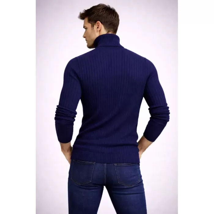 Erkek Balıkcı Yaka Bağazlı Triko Kazak Pamuklu Kalın Fitilli Dokuma, Regular Fit Uzun Kollu Kışlık Model - Lacivert