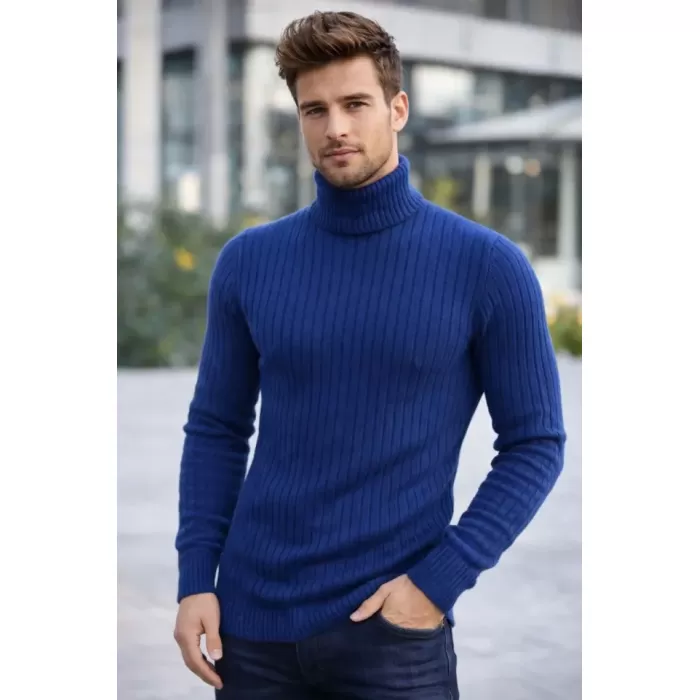 Erkek Balıkcı Yaka Bağazlı Triko Kazak Pamuklu Kalın Fitilli Dokuma, Regular Fit Uzun Kollu Kışlık Model - İndigo