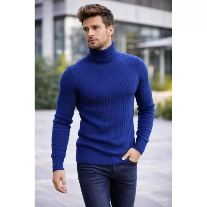 Erkek Balıkcı Yaka Bağazlı Triko Kazak Pamuklu Kalın Fitilli Dokuma, Regular Fit Uzun Kollu Kışlık Model - İndigo