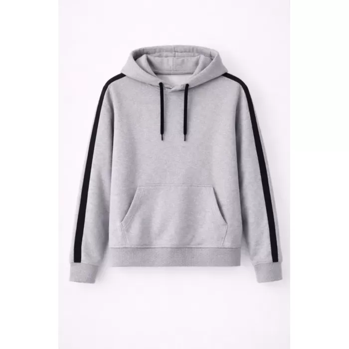 Erkek Şeritli Kapüşonlu Sweatshirt Oversize 3 Iplik Pamuklu - Gri
