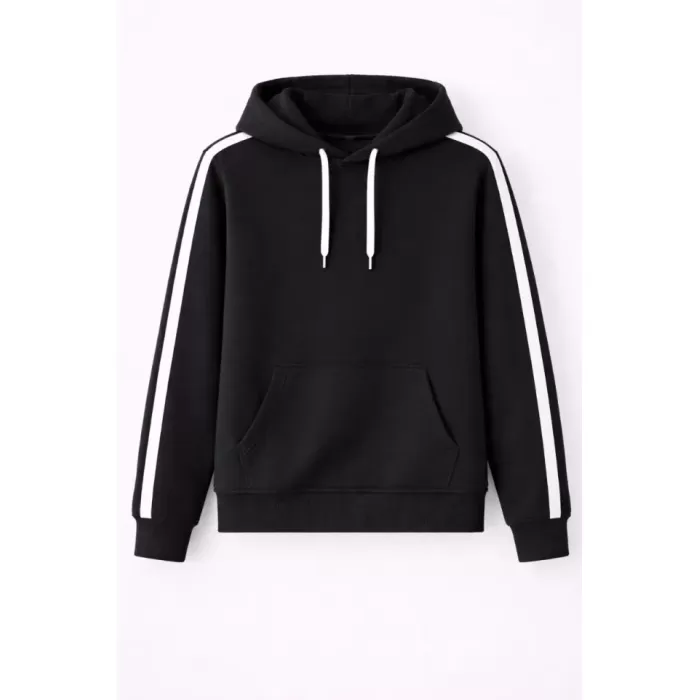 Erkek Şeritli Kapüşonlu Sweatshirt Oversize 3 Iplik Pamuklu - Siyah
