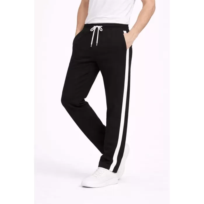 Erkek Yandan Şeritli Boru Paça Eşofman Altı 3 Iplik Pamuklu Eşofman - Siyah