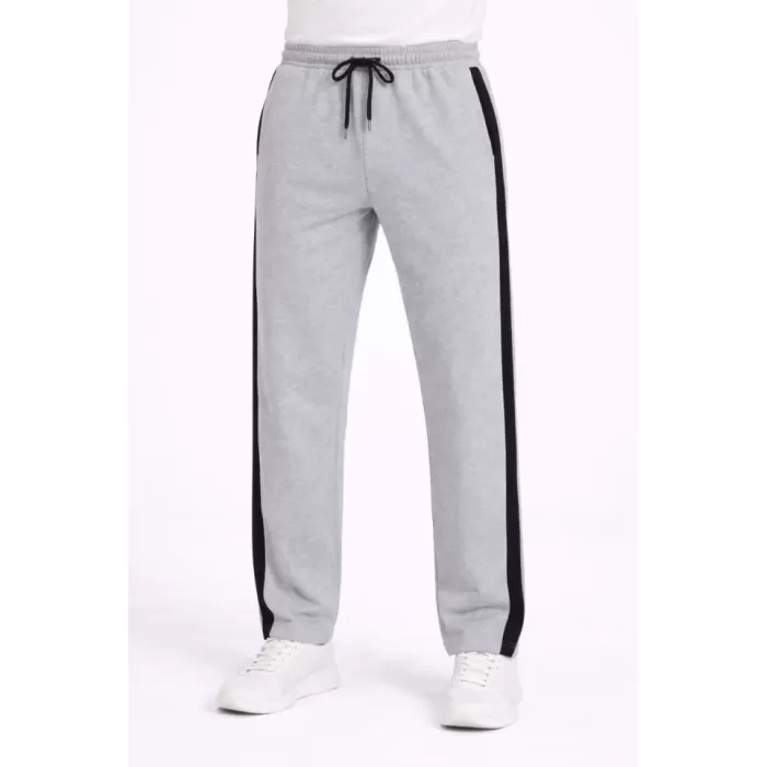 Erkek Yandan Şeritli Boru Paça Eşofman Altı 3 Iplik Pamuklu Eşofman - Gri