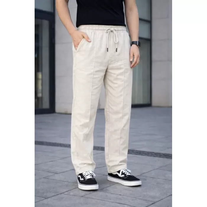 Erkek Keten Cepli Çıma Dikişli Jogger Buggy Pantalon Rahat Kalıp - Krem