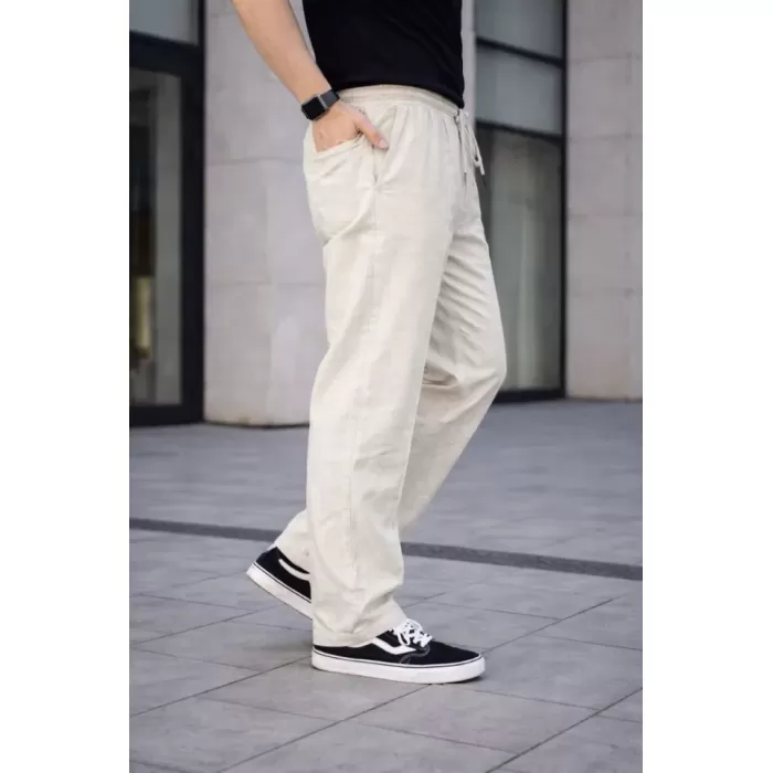 Erkek Keten Cepli Çıma Dikişli Jogger Buggy Pantalon Rahat Kalıp - Krem