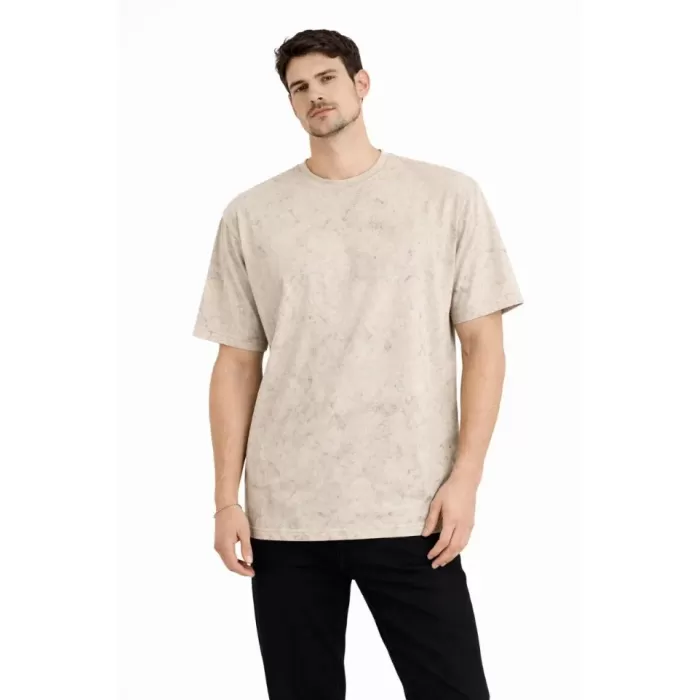 Erkek Asit Yıkama Bisiklet Yaka Kısa Kollu Oversize T-Shirt Tişört - Bej