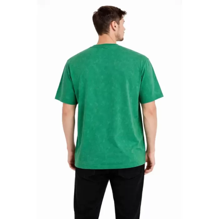 Erkek Asit Yıkama Bisiklet Yaka Kısa Kollu Oversize T-Shirt Tişört - Yeşil