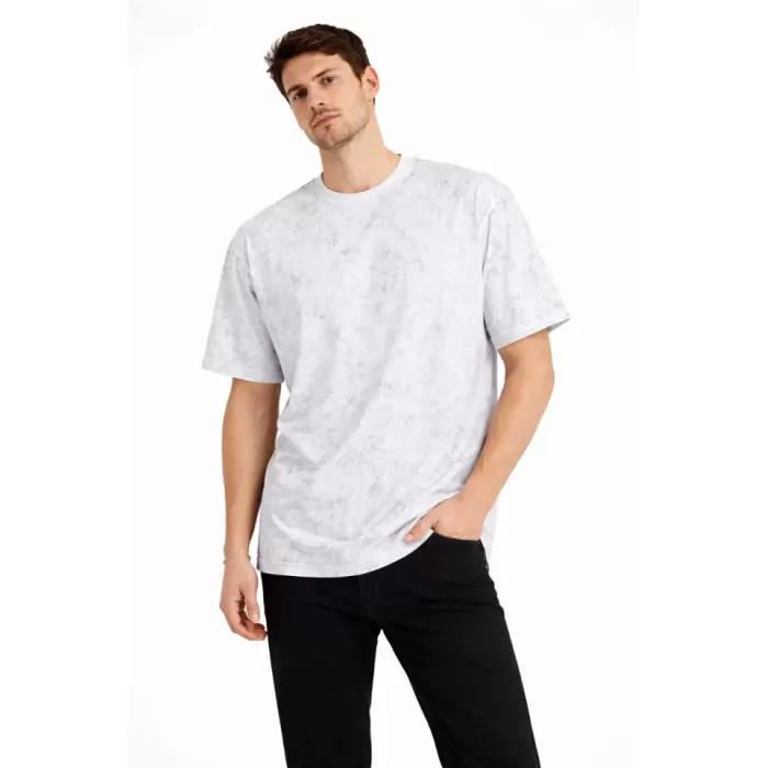 Erkek Asit Yıkama Bisiklet Yaka Kısa Kollu Oversize T-Shirt Tişört - Beyaz