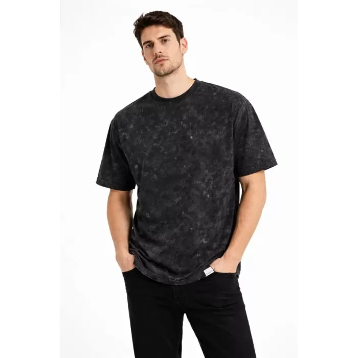 Erkek Asit Yıkama Bisiklet Yaka Kısa Kollu Oversize T-Shirt Tişört - Siyah