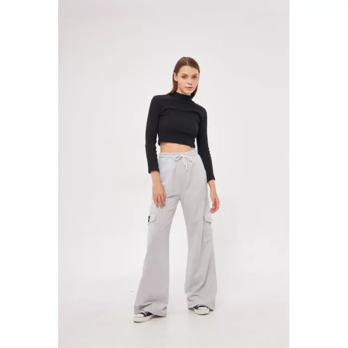 Yüksek Bel Kargo Cepli Palazzo Pantolon Oversize Bol Paça İki İplik Rahat Kesim - Gri
