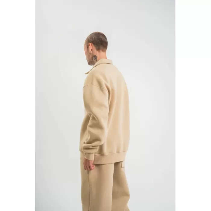 Erkek Patlı Yaka Üç İplik Pamuklu Sweatshirt Double Oversize Rahat Kalıp Günlük Kullanım – Bej