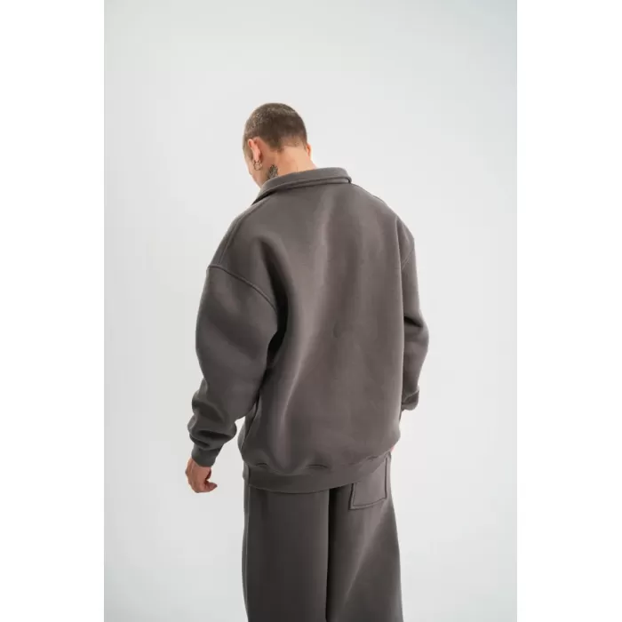 Erkek Patlı Yaka Üç İplik Pamuklu Sweatshirt Double Oversize Rahat Kalıp Günlük Kullanım - Füme