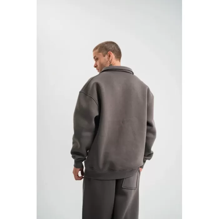 Erkek Patlı Yaka Üç İplik Pamuklu Sweatshirt Double Oversize Rahat Kalıp Günlük Kullanım - Füme