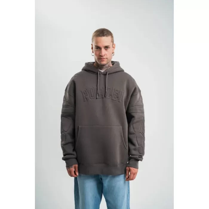 Erkek Nakış İşlemeli Kapşonlu Antrasit Sweatshirt Üç İplik Double Oversize- Füme