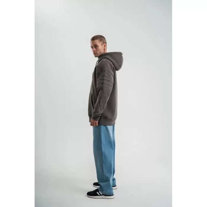 Erkek Nakış İşlemeli Kapşonlu Antrasit Sweatshirt Üç İplik Double Oversize- Füme