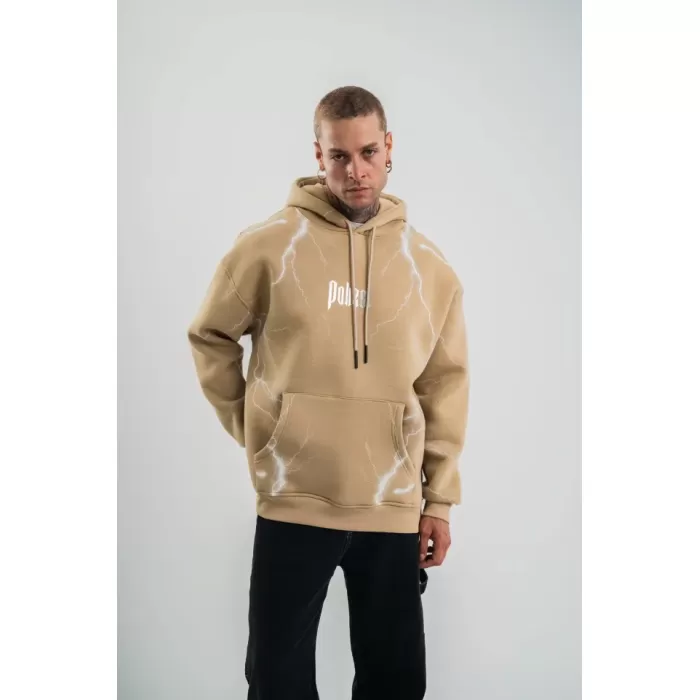Erkek Şimşek Baskılı Kapşonlu Sweatshirt Üç İplik Pamuklu Kanguru Cepli Double Oversize Hoodie - Bej