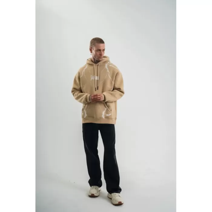 Erkek Şimşek Baskılı Kapşonlu Sweatshirt Üç İplik Pamuklu Kanguru Cepli Double Oversize Hoodie - Bej