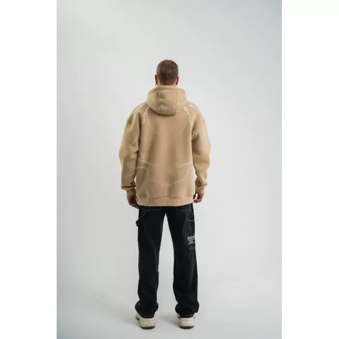 Erkek Şimşek Baskılı Kapşonlu Sweatshirt Üç İplik Pamuklu Kanguru Cepli Double Oversize Hoodie - Bej