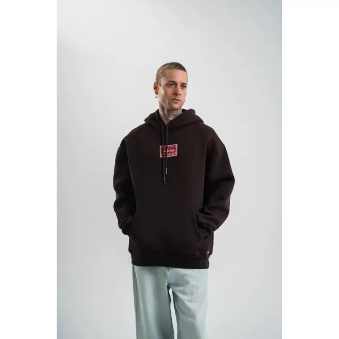 Erkek Premium Nakışlı Kapşonlu Sweatshirt Double Oversize Üç İplik Pamuklu - Siyah