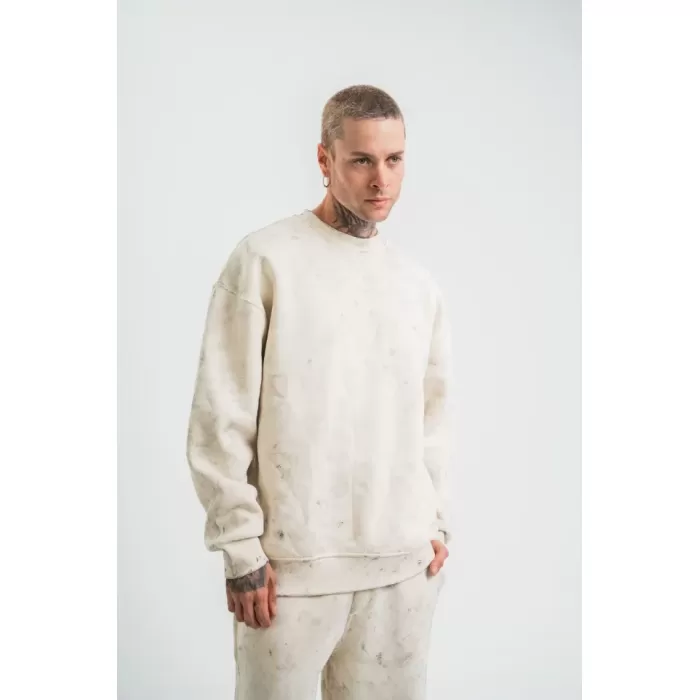 Erkek 3 İplik Pamuklu Yağ Yıkamalı Sweatshirt Double Oversize Bisiklet Yaka Uzun Kol - Krem