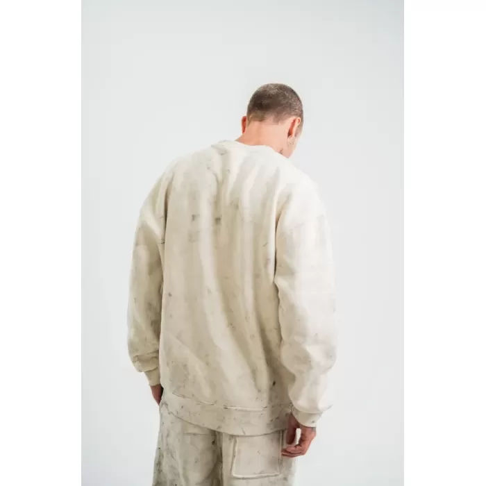 Erkek 3 İplik Pamuklu Yağ Yıkamalı Sweatshirt Double Oversize Bisiklet Yaka Uzun Kol - Krem