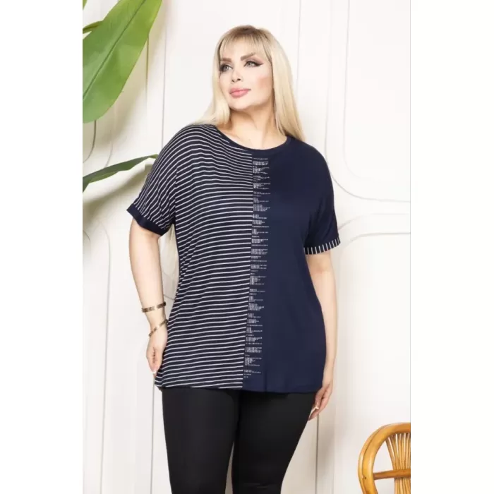 Büyük Beden Taş Detaylı Çizgili Viskon Tişört Bisiklet Yaka Rahat Kesim - Lacivert