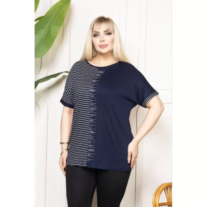 Büyük Beden Taş Detaylı Çizgili Viskon Tişört Bisiklet Yaka Rahat Kesim - Lacivert