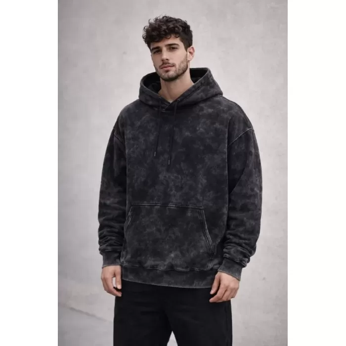 Erkek Yağ Yıkamalı Kapşonlu Double Oversize Üç İplik Pamuklu Sweatshirt - Siyah
