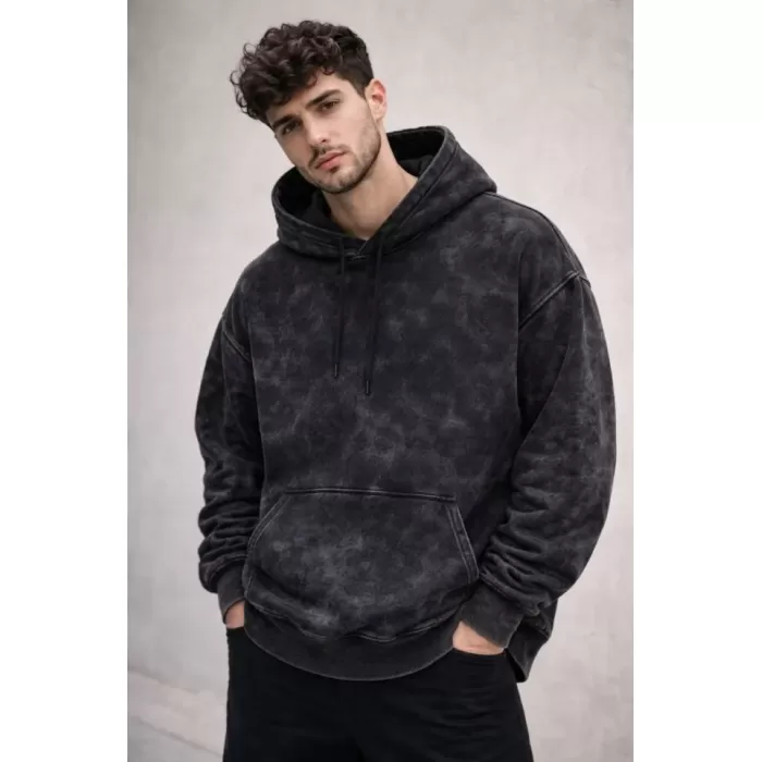 Erkek Yağ Yıkamalı Kapşonlu Double Oversize Üç İplik Pamuklu Sweatshirt - Siyah