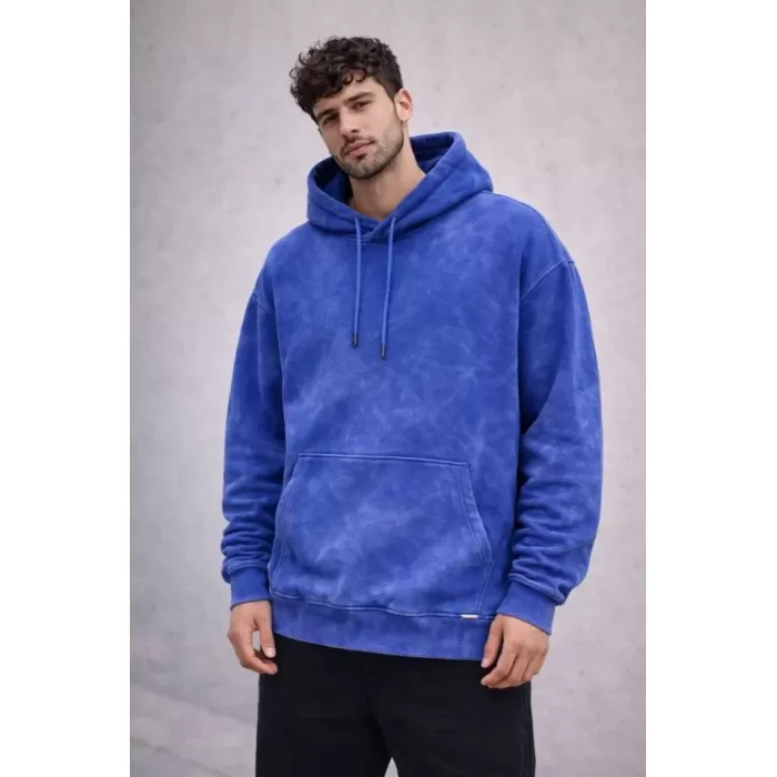 Erkek Yağ Yıkamalı Kapşonlu Double Oversize Üç İplik Pamuklu Sweatshirt - Mavi