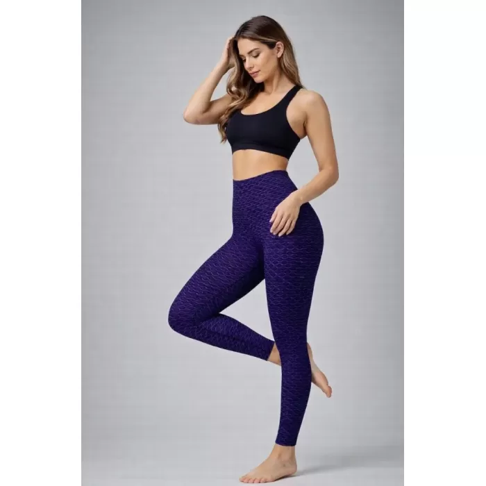 Yüksek Bel Toparlayıcı Likralı Büzgülü Tayt - Mavi