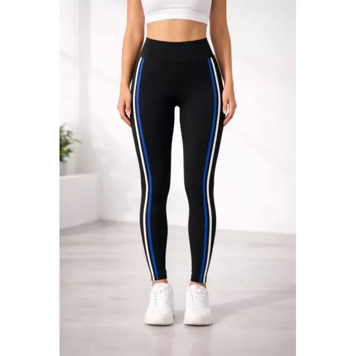 Likralı Yan Beyaz Mavi Şeritli Detaylı Tayt - Siyah